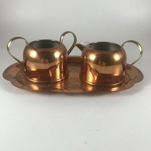 Vintage Copper and Brass Cream Sugar & Tray Set - Coppercraft Guild